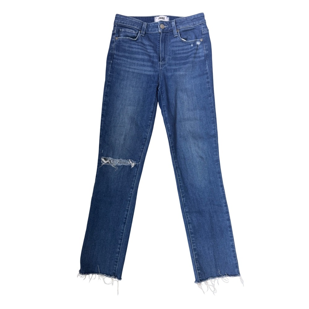 PAIGE Hoxton Slim High Rise Jeans Medium Wash Distressed Raw Hem Size 26 Womens